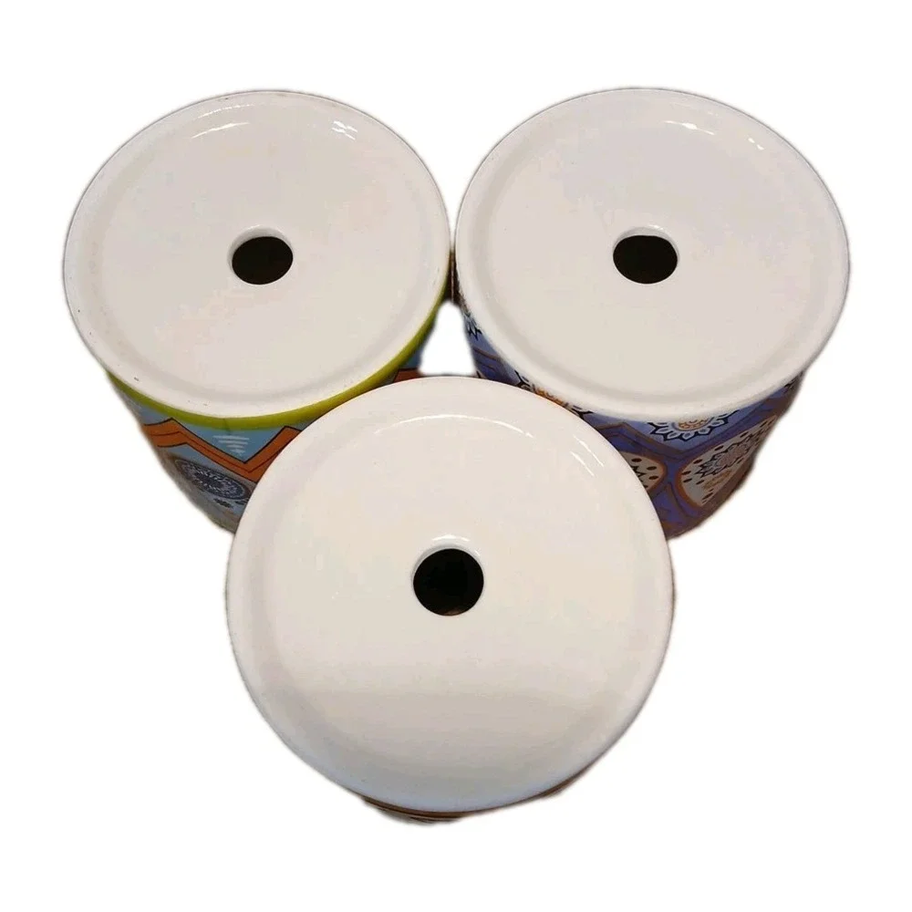 Set of 3 BOHO Ceramic w/Teakwood Saucers Colorful Succulent Window Planters 3